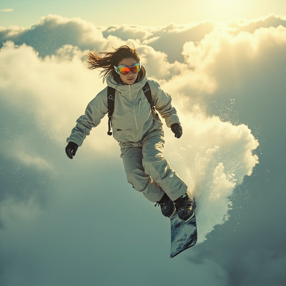 Asian Woman Snowboarding